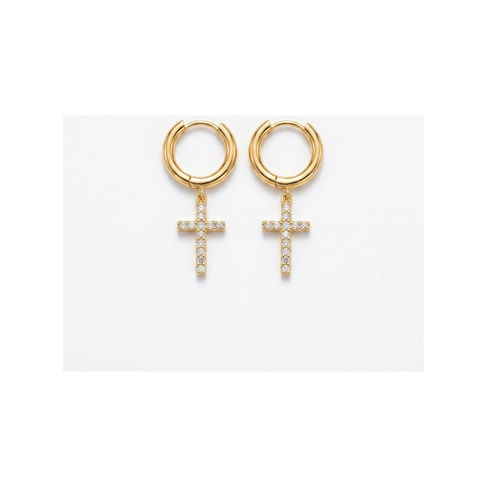 Pavé Cross Drop Huggie Hoops Gold – Waterproof & Tarnish-Free