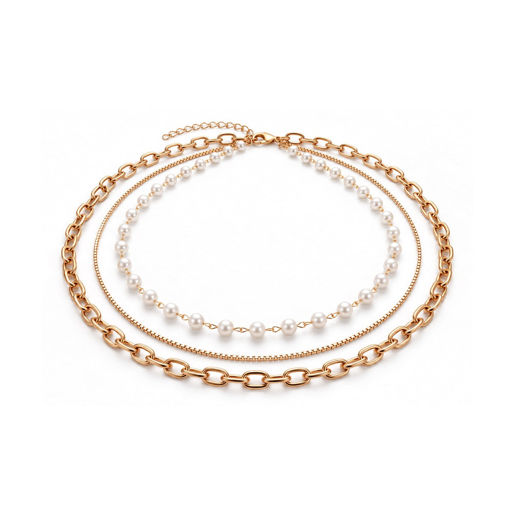 Pearl & Chain 3 Layered Necklace Rose Gold – Waterproof & Tarnish-Free