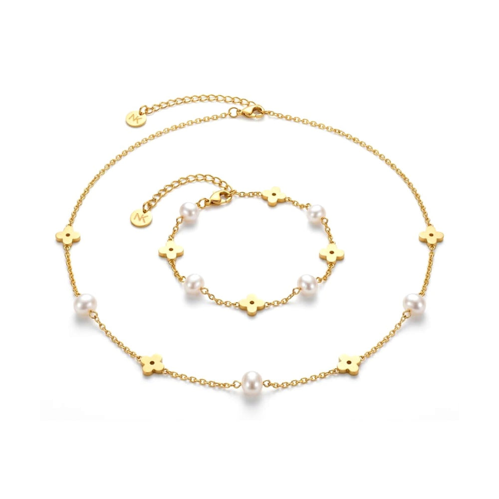 Clover & Pearl Necklace + Bracelet Set Gold – Waterproof & Tarnish-Free