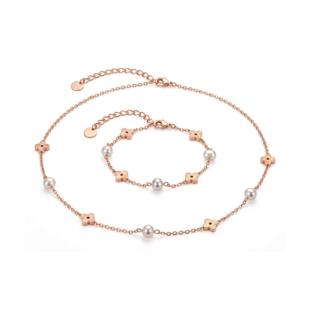 Clover & Pearl Necklace + Bracelet Set Rose Gold – Waterproof & Tarnish-Free