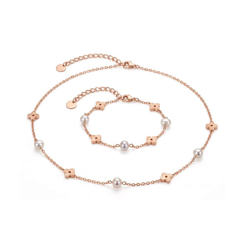 Clover &amp; Pearl Necklace &amp; Bracelet Set Rose Gold