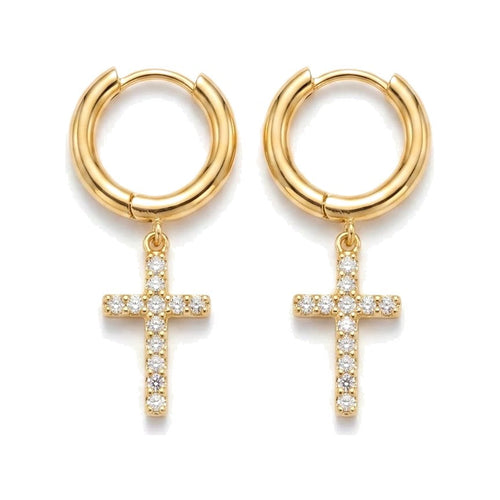 PavÃ© Cross Drop Huggie Hoops Gold