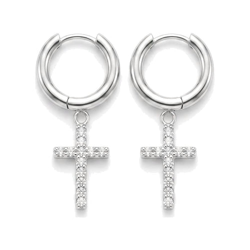 PavÃ© Cross Drop Huggie Hoops Silver