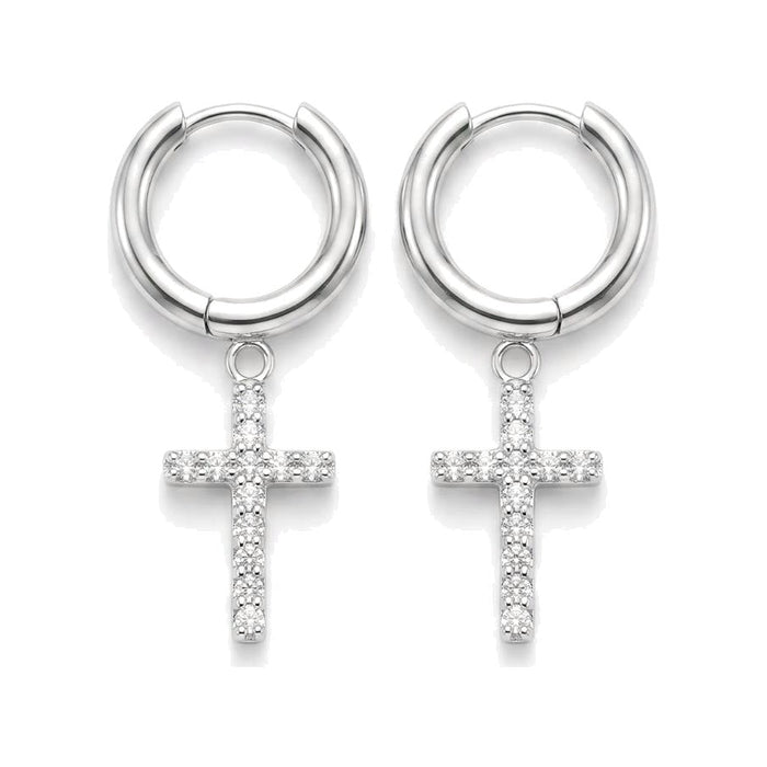 PavÃ© Cross Drop Huggie Hoops Silver