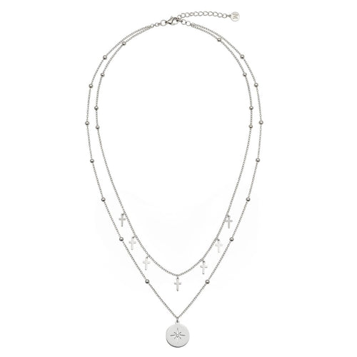 Layered Cross & Starburst Necklace Silver