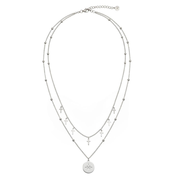 Layered Cross & Starburst Necklace Silver