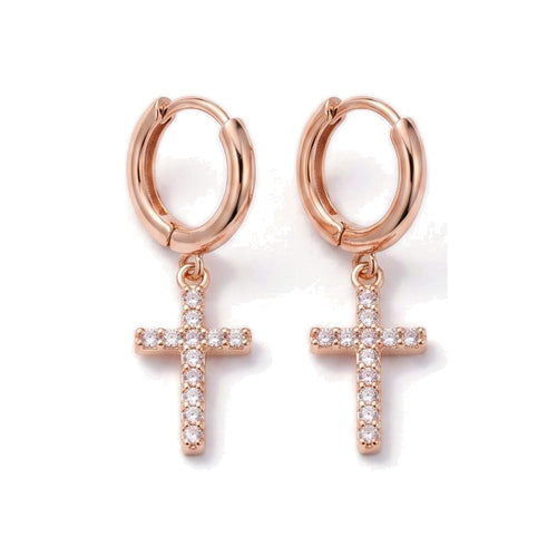 Cross Drop Huggie Hoops Rose Gold