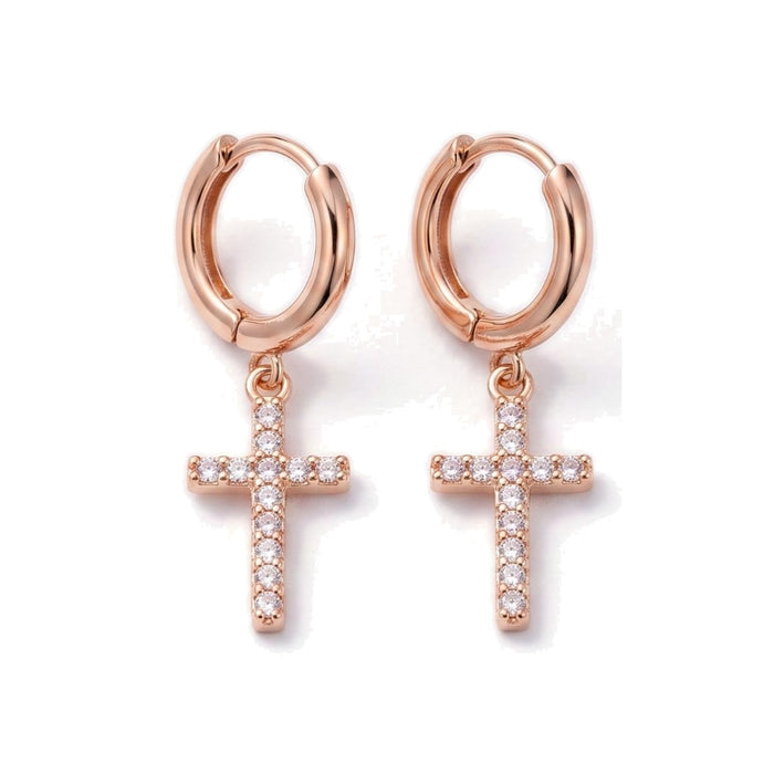 Cross Drop Huggie Hoops Rose Gold