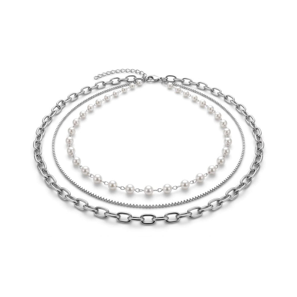 Pearl & Chain 3 Layered Necklace Silver – Waterproof & Tarnish-Free