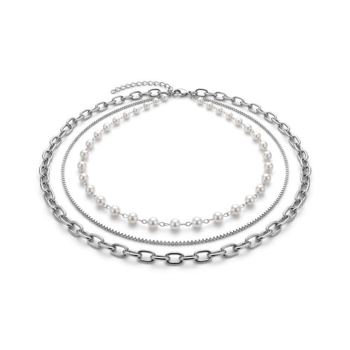 Pearl &amp; Chain Layered Necklace Silver