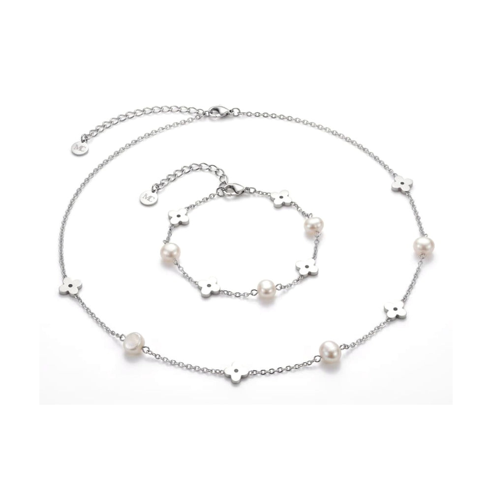 Clover & Pearl Necklace + Bracelet Set Silver – Waterproof & Tarnish-Free