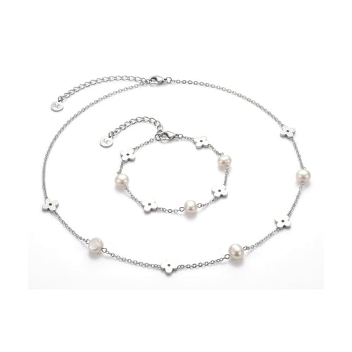 Clover & Pearl Necklace + Bracelet Set Silver – Waterproof & Tarnish-Free