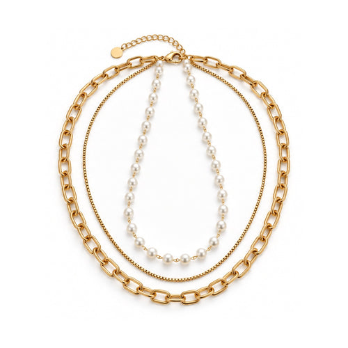 Pearl & Chain 3 Layered Necklace Gold – Waterproof & Tarnish-Free