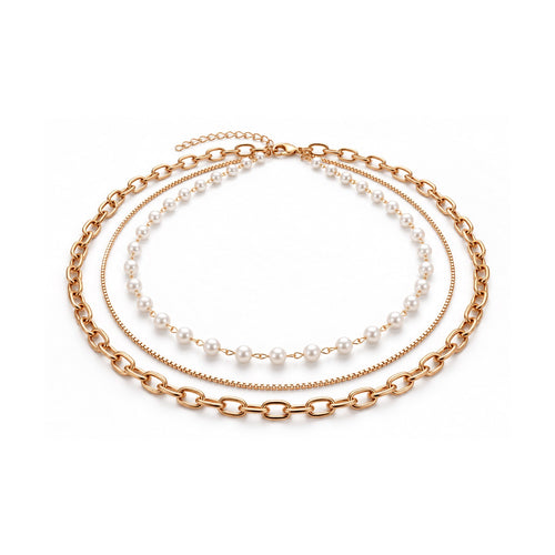 Pearl & Chain 3 Layered Necklace Rose Gold – Waterproof & Tarnish-Free